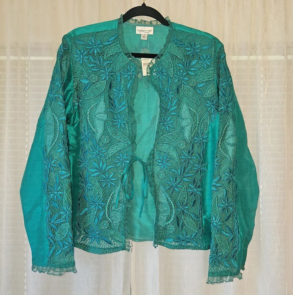 Coldwater Creek Teal Silk Floral Embroidered Open Front Jacket